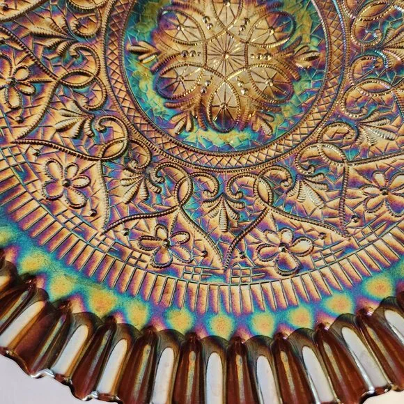 Fenton Carnival Glass Bowl Iridescent Ruffled Edge Hearts Pattern 11" Bowl - Picture 6 of 12